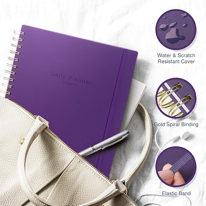 AUROPLANNER Undated Daily Planner To Do List Hourly Schedule 2027 2026 2025 Calendar & Holiday Habit Tracker 180 Pages Letter Size 8.5" x 11" Sheets Hardcover Spiral Bound Notebook (Purple Indigo)