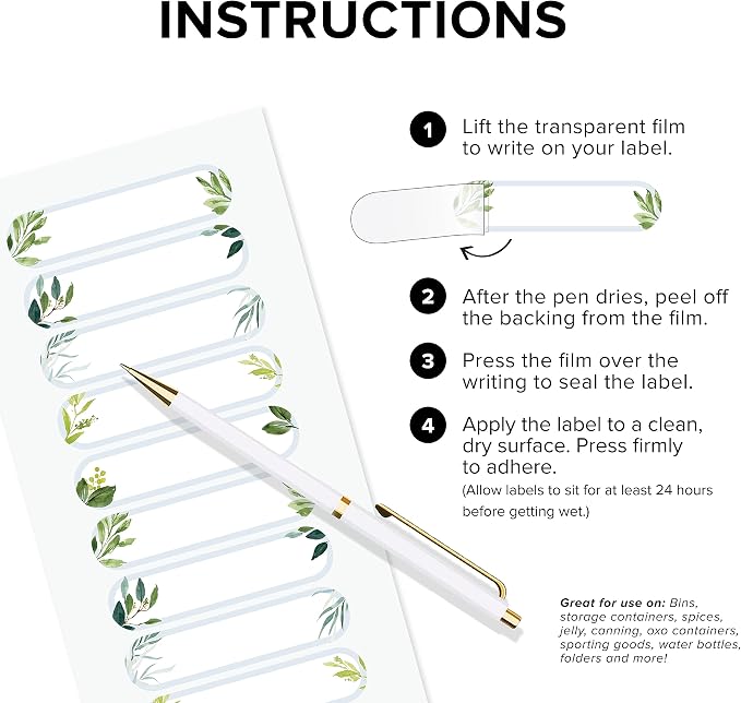 ThreeKin Waterproof Labels for Bottles and Containers - Custom Stickers - All-Purpose and Personalizable - Dishwasher, Freezer and Microwave Safe - BPA-Free - USA-Owned (Greenery, 72pcs)