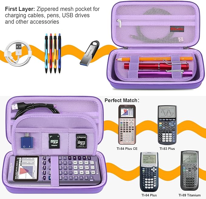 Elonbo Carrying Case for Texas Instruments TI-84 Evo/TI-84 Plus CE Evo Graphing Calculator, Extra Mesh Pocket Fits Charging Cable Charger Manual, Purple
