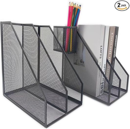 2 Set Desk Organizers, Metal Desk Magazine File Holder and 1 Pen Holder, 2 Compartments Mesh File Holder, Mesh Desktop Organizer and Storage,Black