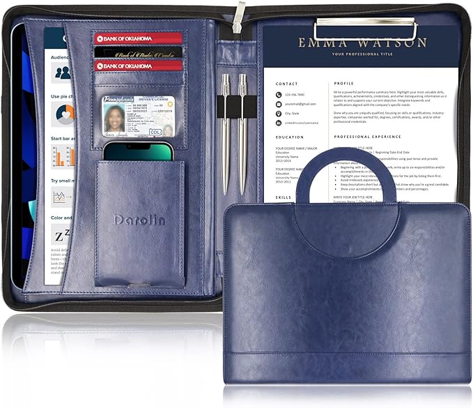 Darolin Vegan Leather Padfolio Portfolio with Handle & Clipboard, Zippered Business Portfolio Organizer for Meetings, Interviews & Travel, Fits A4 & Letter Size, Padfolio for Men Women (Blue)