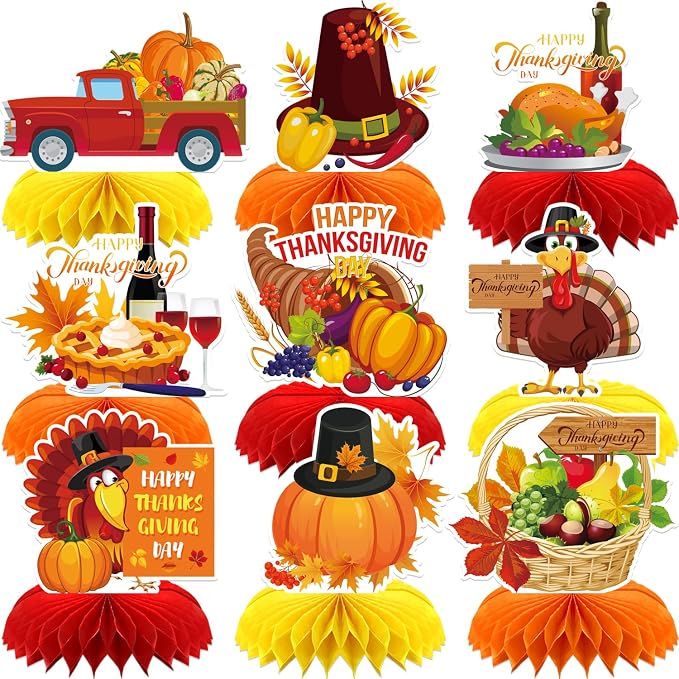 Thanksgiving Table Decorations - 9Pcs Fall Table Decorations 3D Fall Centerpieces for Tables, Turkey Pumpkin Honeycomb Centerpieces Autumn Table Topper for Autumn Thanksgiving Party Supplies