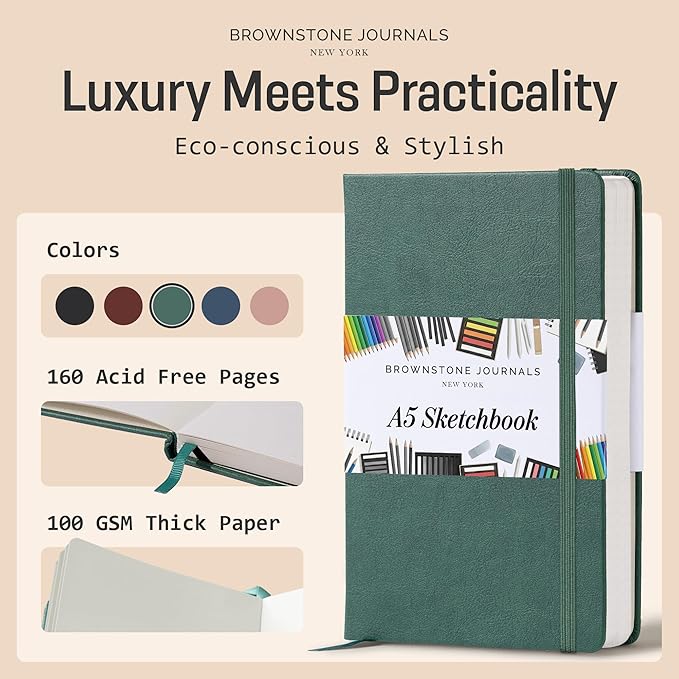 BROWNSTONE JOURNALS A5 Sketch Book Hardcover - 80 Sheets 100 GSM Paper 5"x8", Lay Flat, Vegan Leather Cover, Elastic Band, Back Pocket, Art Drawing Book (Dartmouth Green)