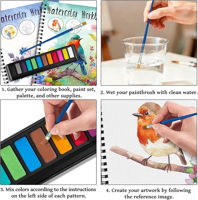 Elfew 2 Pack Watercolor Workbooks Coloring Books, 24 Pages Beginner Friendly Painting Kit, Detailed Steps, 12 Colors Paint Set with Brush, Stress-Relieving Gift for Adults & Women (Animals & Flowers)