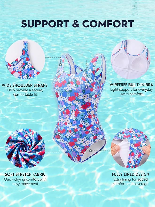 Modest Full Coverage One Piece Swimsuit Floral Bathing Suit Criss Cross Back Swimwear with Built-in Bra