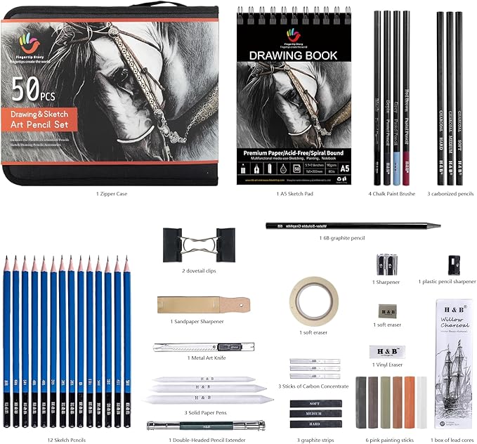 H & B 50 PCS Pro Drawing Set Sketching Kit, Art Kit with Drawing Pencils for Sketching, Graphite and Charcoal Pencils & Sketch Book Set, Art Supplies for Adults and Artists