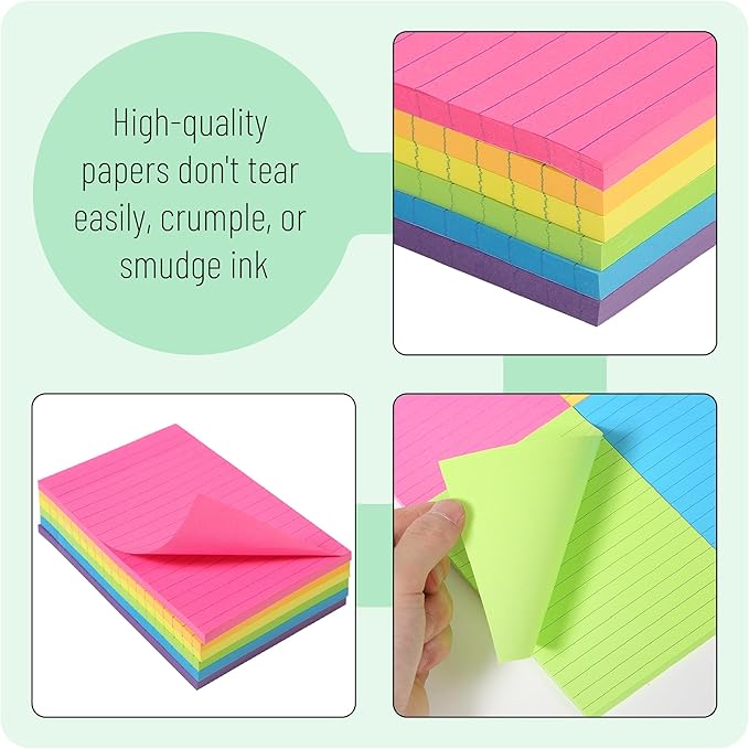 Mr. Pen- Lined Sticky Notes, 4" x 6", 6 Pads, 60 Sheets/Pad, Vibrant Color, Sticky Notes with Lines, Ruled Post Stickies, Memo Pads, Self-Stick Note Pad for Office, School, Home, Study