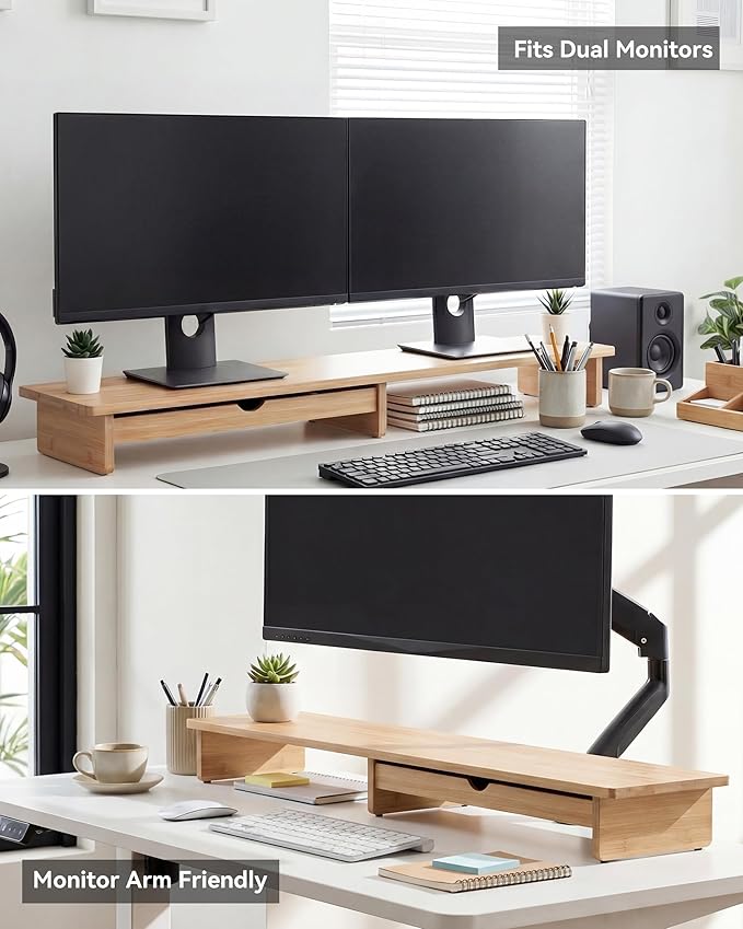Bamboo Monitor Stand with Large Storage Drawer, 42 Inch Ergonomic Computer Riser for Desk, Screen Shelf with 5 Compartments for Keyboard & Stationery Organization Keyboard Storage