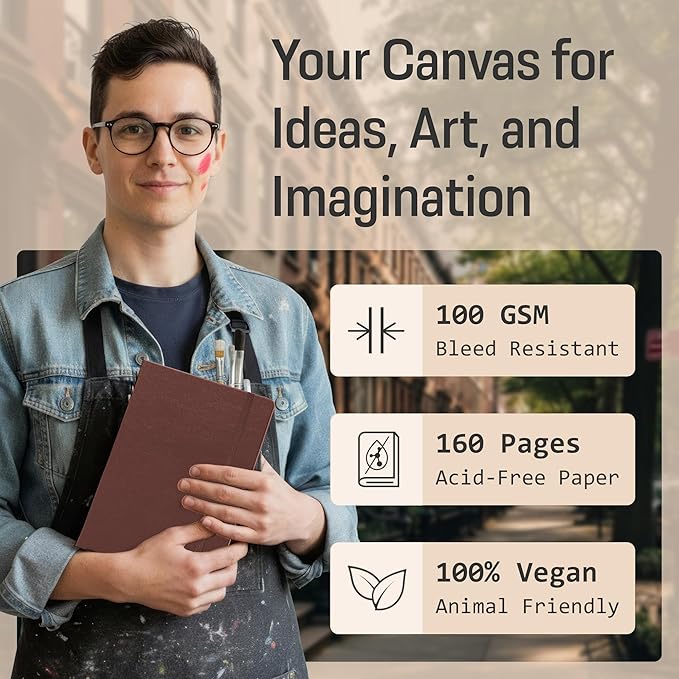 BROWNSTONE JOURNALS A5 Sketch Book Hardcover - 80 Sheets 100 GSM Paper 5"x8", Lay Flat, Vegan Leather Cover, Elastic Band, Back Pocket, Art Drawing Book (Chestnut Brown)