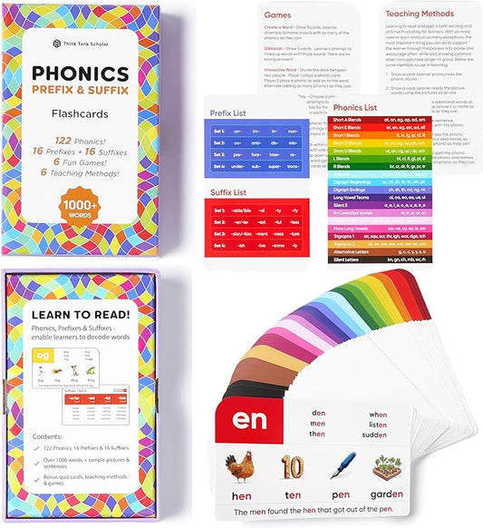 Award-Winning Phonics & Vocabulary Flash Cards (1000+ Words w/Prefixes, Suffixes & CVC) incl. Games & Visual Aids for Ages 4-8, Pre-K to 3rd Grade