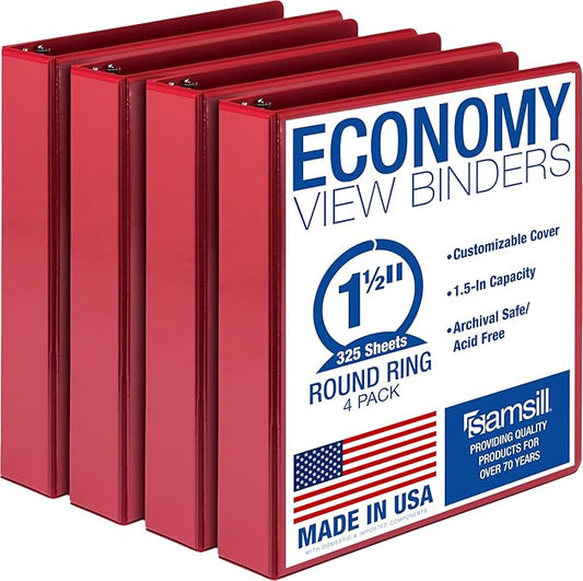 Samsill 1.5 Inch 3 Ring Binders, Economy Round Ring, Clear View Cover, 325 Sheet Capacity - for School, Home, Office - Red, 4 Pack