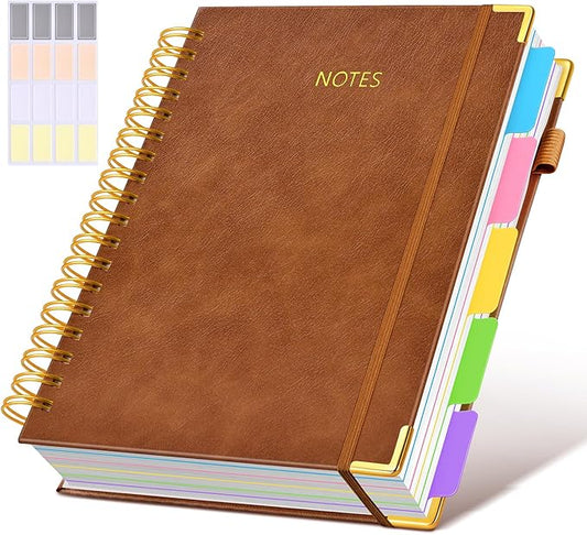 Hardcover Spiral Notebook Journal with Removable Dividers Tabs, 300 Pages Leather 5 Subject Notebook College Ruled, 8"x10" Large B5 Notebooks for Work School, Lined Journal for Men, Light Brown