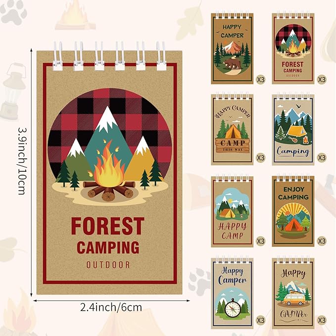 Hooqict 24 Pack Camping Party Favors Notepads Mini Pocket Notebooks Camping Journal Small Spiral Pocket Notepads for Kids Summer Camp Birthday Favors Classroom Office Supplies, 3.9 x 2.4 Inch