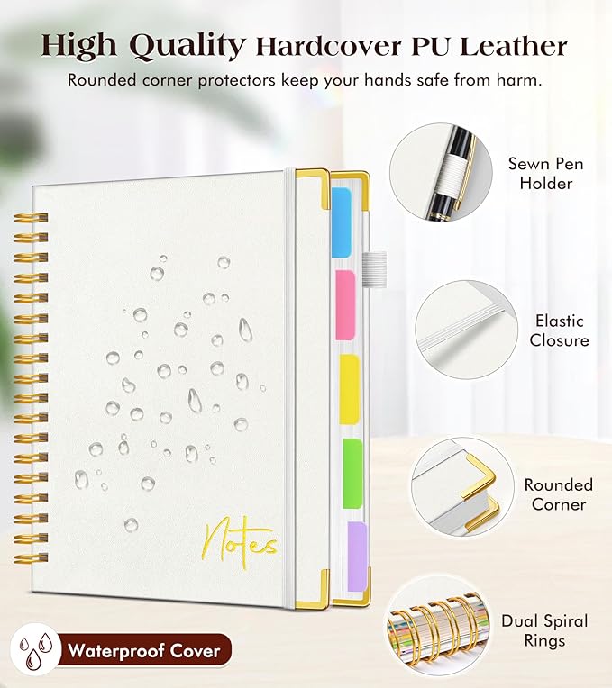 Spiral Notebook Journal with Removable Dividers Tabs, 300 Pages Hardcover Leather 5 Subject College Ruled Notebook, 6.1"x8.2" Large A5 Lined Journal for Women Men Spiral Notebook for Work School,Beige