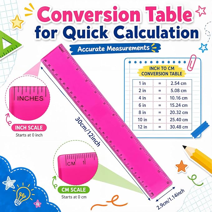 EBOOT 2 Pack Plastic Ruler Straight Ruler Plastic Measuring Tool for Student School Office(Rose Red,12 Inch)