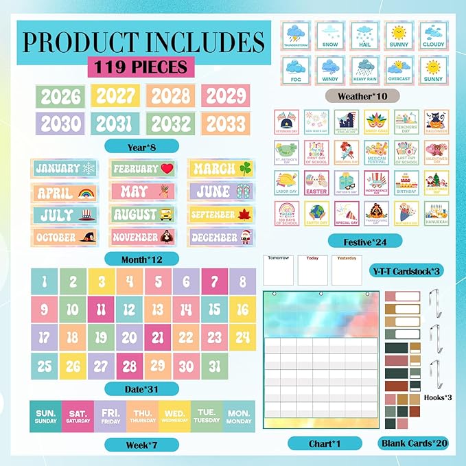 Tinlade Classroom Calendar Pocket Chart Set with 115 Cards 24 x 28 Inch Rainbow Pastel Calendar Bulletin Board Pocket 2026-2033 Festival Weather Teacher Supplies for Back to School Wall Decoration