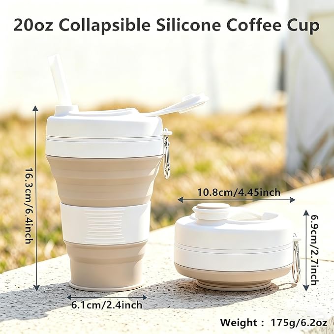 IYYI Collapsible Travel Cup, Silicone Coffee Cup with Lid, 20.3 oz Travel Coffee Mug with Straw, Folding Cup for Hiking Camping Office - Dishwasher Safe (Khaki)
