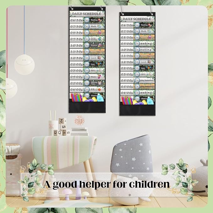 Chiisong Daily Schedule Pocket Chart, Boho 14+1 Pocket, with 40 Pcs Reusable Dry Eraser Cards Calendar for Classroom Toddler Schedule Chart Office Home Activity(Eucalyptus Style)