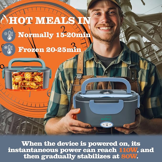 Buddew Electric Heated Lunch Box, 80W Fast Heating, 1.5L Food-Grade 304 Stainless Steel, 12V/24V/110V Portable Food Warmer for Car Truck Office Adults, Lonchera Electrica Portatil (Blue)