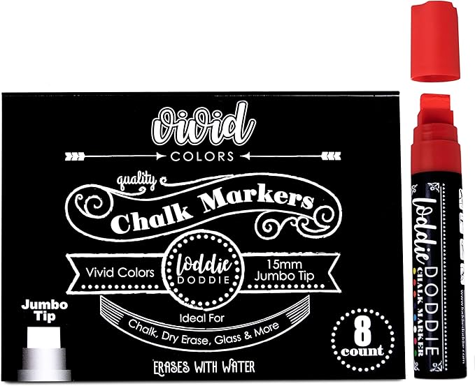 Loddie Doddie Jumbo Chalkboard Markers - 8 Pack, Multicolor, 15 mm Chisel Tip - Easy Erase Smudge Proof Chalk Markers - Bold Bright Colors For Chalk Art - Versatile Dry Erase Pens for Glass