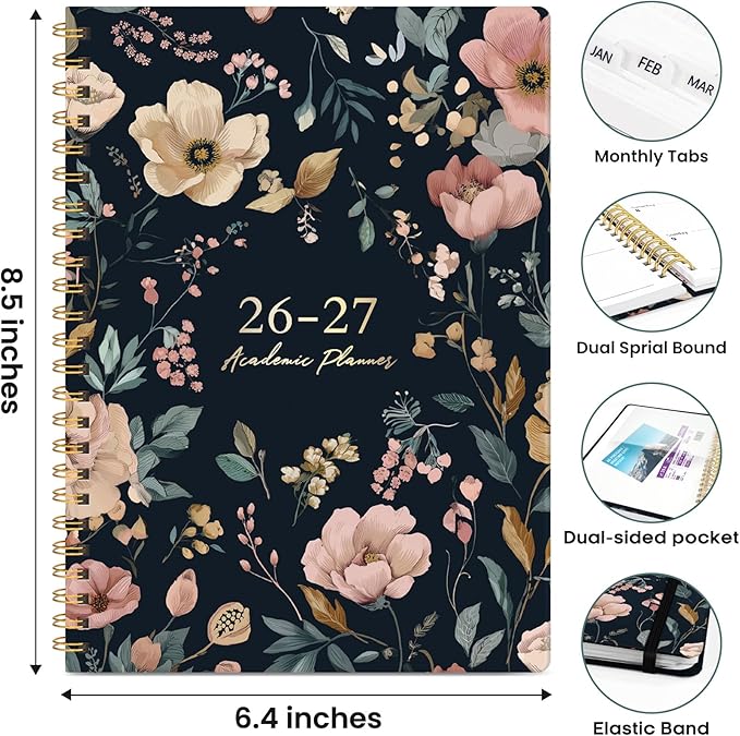 Academic Planner 2026-2027, Weekly and Monthly Calendar Book, July 2026 – June 2027, Hardcover Planner with Tabs, Perfect for Teachers, Students, Women & Men, A5 (6.4" x 8.5") - Evening Petals