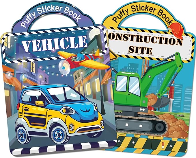 Elfew 2 Pack Puffy Sticker Books for Kids Ages 3-5, Construction Truck and Vehicle Car Stickers for Toddlers Boys, 3D Reusable Stickers Books for Toddlers, Activity Book for Boys Party
