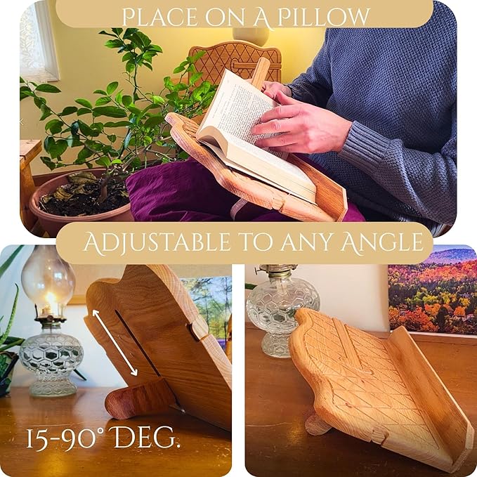 Revolutionary Book Stand for Hands Free Reading, Wooden Reading Rest, Desktop and Lap Page Holder, Adjustable Angle, Quick Page Turn for textbooks