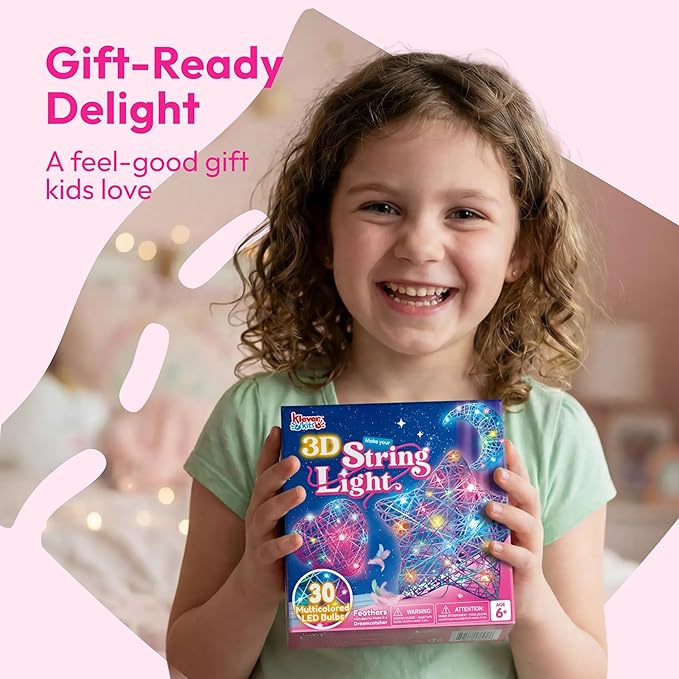 Klever Kits 3D String Art Kit for Kids, Light Up String Light Toy with 30 Multi-Colored LED Bulbs, Arts and Crafts Set, Birthday Gifts for Girls and Boys Ages 8+