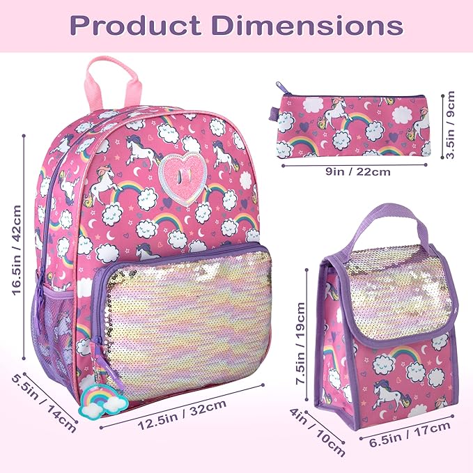 Trail maker Girls 6 in 1 Backpack and Lunch Box Set for School with Pencil Case, Water Bottle, Keychain Attached for Kids (Sparkle Unicorns)