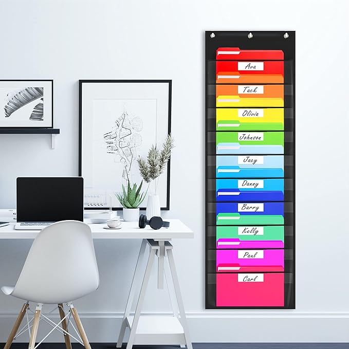 Storage Pocket Chart,Heavy Duty Wall File Organization Folder with 10 Clear File Pockets, 10 Blank Name Stickers Plus 3 Metal Hangers & 4 Hooks for Files, Bills, Classroom & Office (Black, 14” X 47”)