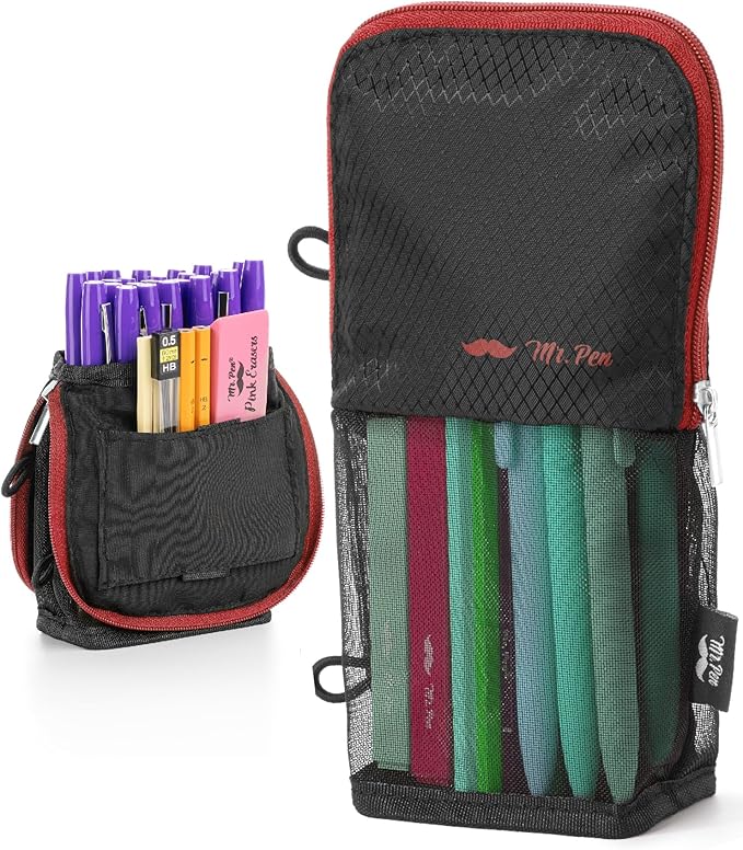Mr. Pen- Standing Pencil Case Pouch, Sit & Lay Mesh-View Design, Black with Red Zipper, Interior Pocket & 2 Elastic Binder Loops, Cute Pencil Case for Girls and Boys