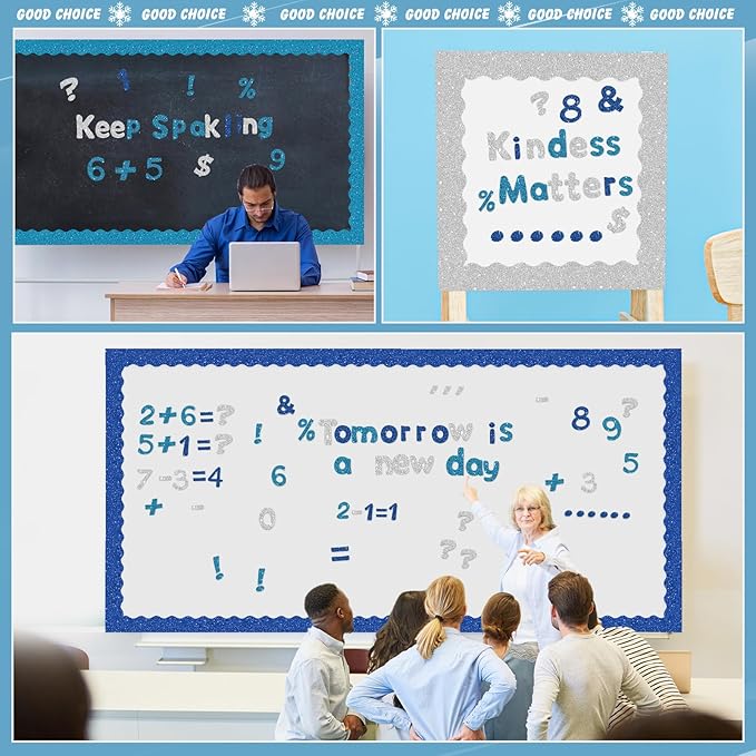 221 Pcs Glitter Blue Bulletin Board Letters, Round Alphabet Number Punctuation Symbol Combo Letter Cutouts, Sparkle Classroom Decoration for Winter School Chalkboard Poster Board