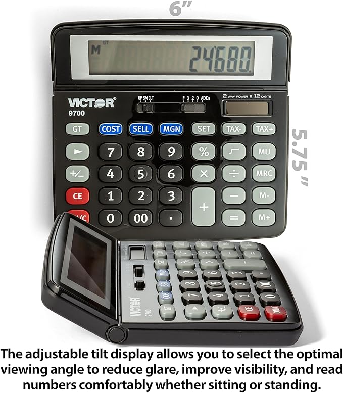 Victor 9700 12-Digit Standard Function Business Calculator, Battery and Solar Hybrid Powered Tilt LCD Display, Great for Home and Office Use, Black
