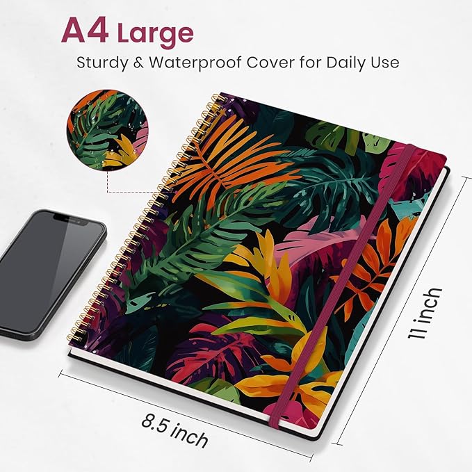 Taja Large Spiral Lined Journal for Women, 8.5" x 11" Notebooks for Work Collge Ruled, A4 Aesthetic Cute Journaling Notebooks for Writing, Plastic Cover, Tropical Palms