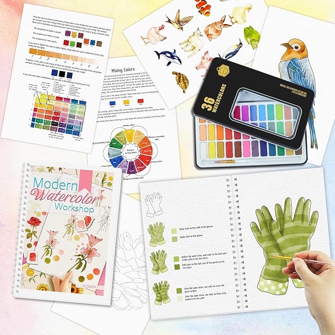5Pcs Watercolor Workbook, Beginner Friendly Watercolor Workbook with Step by Step for Adults with 36 Colors Paint, Watercolor Paper, Watercolor Painting Kit, Beginner-Friendly Water Coloring Book