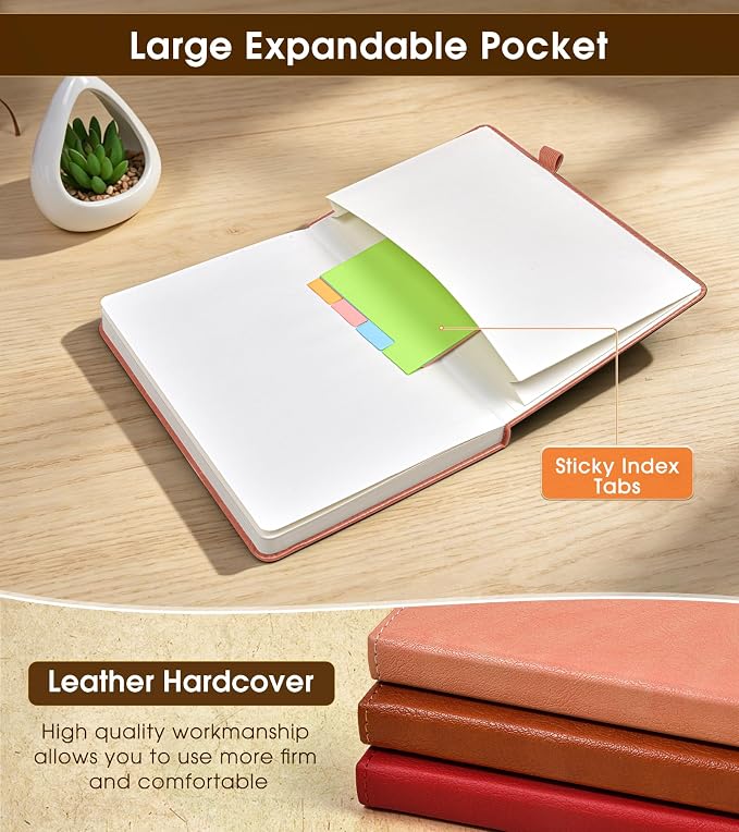 Lined Journal Notebook, A5 Hardcover Leather Journals for Writing, 160 Numbered Pages, 5.7'' x 8.3'' Journaling Notebooks for Men Women, Thick Paper College Ruled Journal for Work Office School, Pink