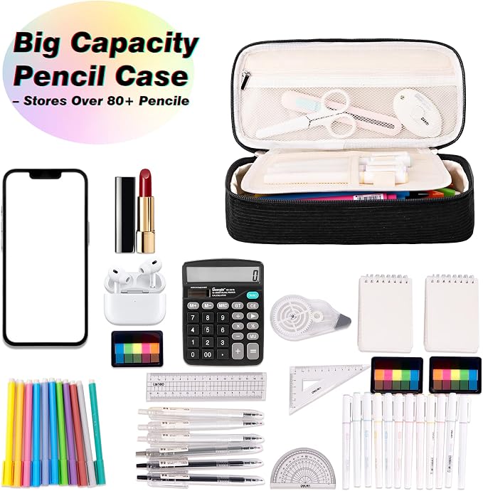 Big Capacity Pencil case,Soft Corduroy Pencil Bag,Cute Pen Case with Handle,Multi-Functional Compartments, Wide Opening Pen Pouch Organizer for Teen Girls Wome