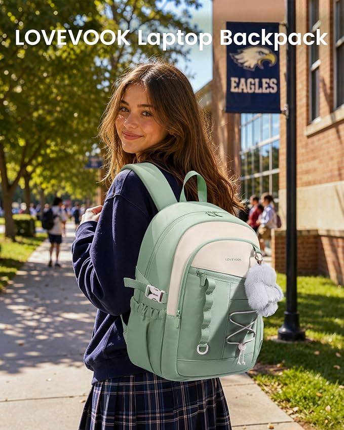 LOVEVOOK School Backpack for Girls, Large Capacity 16 Laptop Backpack with Tumbler Pockets, Multi-Compartment Backpacks with Lucky Bunny Charm, Water-Resistant Travel Backpack, Mint Green