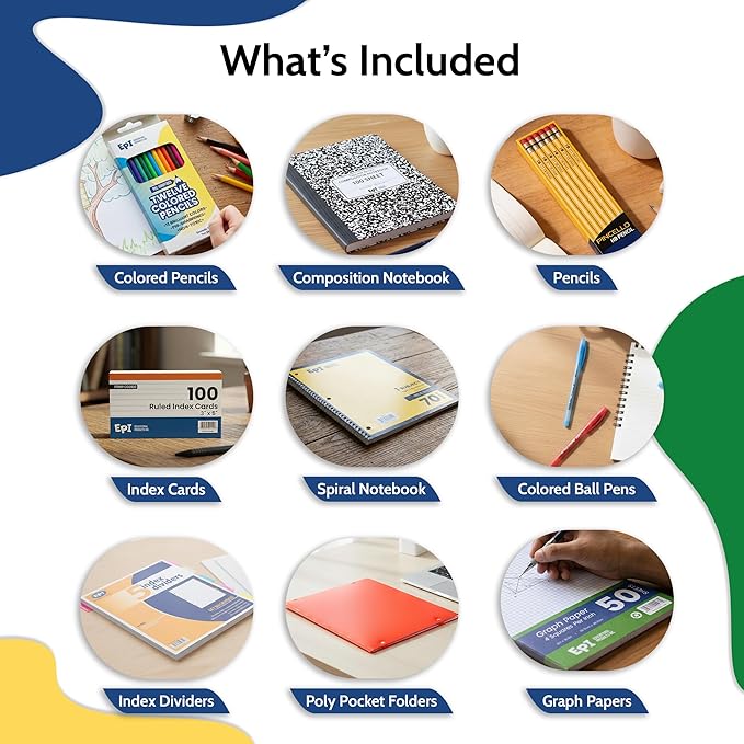 EPI Essentials Back to School Supplies for Kids 6th-12th Grade – 51 Items in Kit – Middle to High School Supply Packs – College-Ruled Bundle with Composition Notebooks – Suitable for Homeschooling