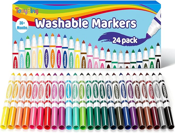 TooyBing 24 Color Washable Markers, Colored Washable Markers for Kids, Broad Tip Durable for Coloring Book, Back to Classroom Art School Supplies for Students Teachers Children