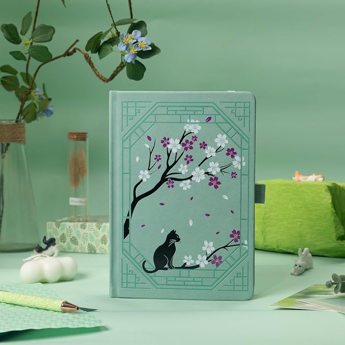 TIEFOSSI A5 Lined Journal, Cute Cat Journal for Women Girls, College Ruled Notebook with Pretty Sakura Pattern, Aesthetic Diary for Writing Journaling Drawing, Golden Edges