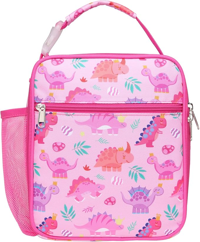 Bagseri Kids Lunch Box for Girls - Insulated Toddler Lunch Bag Fits Bento Box, Reusable Daycare Cooler Tote with Clip Handle, Water-Resistant Lining, Pink Dinosaur