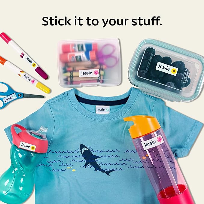 Kids Personalized Name Labels for School, Camp, Daycare (128 Labels) Custom Peel and Stick Waterproof Name Tags Stickers for Water Bottles, Lunch Boxes, Clothing, School Supplies (Flowers)