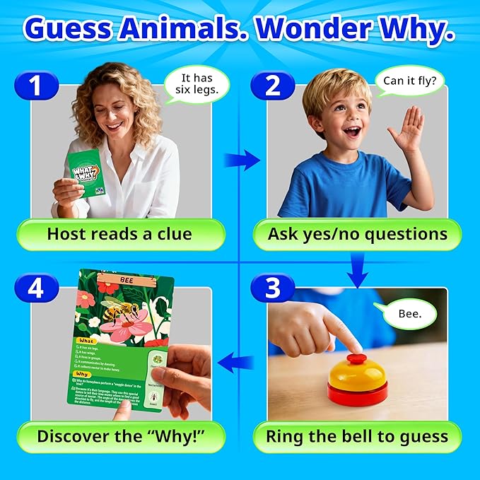 rokt&razo, What&Why? 87 Jumbo Cards with the Bell, Guess the Animal Card Game, Fun Educational Trivia Game for Kids & Family, 3 Difficulty Levels, Stocking Stuffer, for Home, School & Travel, Ages 4+