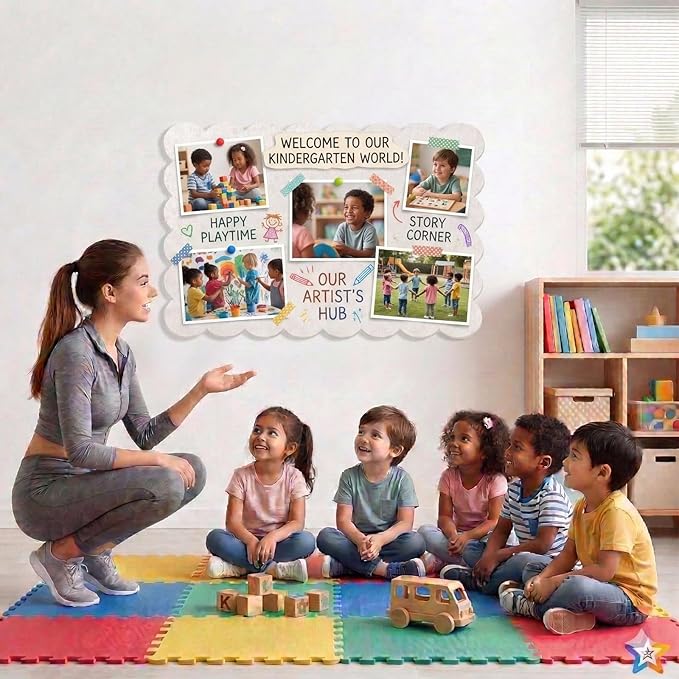 Scalloped Bulletin Board, 36x24 Scalloped Felt Bulletin Board, 3' by 2' Trifold Foldable Picture Display with 20 Pins & 5 Cute Decors - Beige