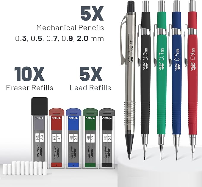Mr. Pen- Art Mechanical Pencil Set, 5 Mechanical Pencils (0.3, 0.5, 0.7, 0.9, 2.0mm), 5 HB Lead Refills & 10 Eraser Refills, Precision Drawing Pencils for Sketching, Writing & Technical Artwork