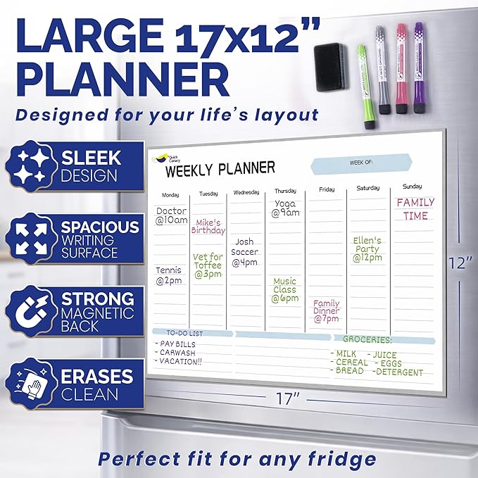 Magnetic Weekly Planner for Fridge - 17x12” Stain-Resistant Dry Erase Whiteboard Fridge Calendar with Large Writing Space for Schedules, Chores & Meals - Includes 4 Markers & Eraser