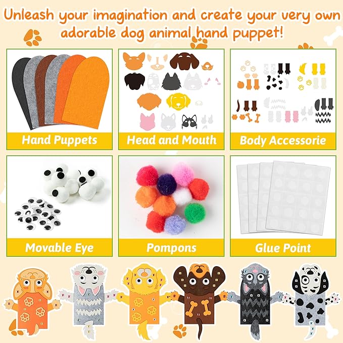 WATINC 6Pcs Hand Puppet Making Kit, Art Craft Felt Sock Puppet Toys, Creative DIY Make Your Own Pompoms Wiggle Googly Eyes Storytelling Role Play Party Supplies Gift for Girls Boys (Dog A)