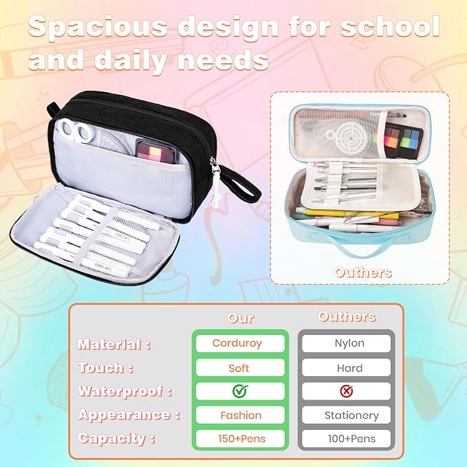 Big Capacity Pencil case,Soft Corduroy Pencil Bag with 3 Compartment,Pencil Pouch School Supplies Cute Pencil Box Pencil Bag for Teen Girls Boys College