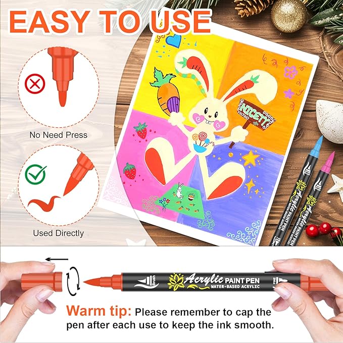 NICETY 60 Colors Acrylic Paint Markers, Dual Tip Acrylic Paint Pens with Fine Tip and Brush Tip Pens for Rock Painting, Canvas, Wood, Ceramic, Glass, Stone, Fabric, DIY Crafts & Art Supplies